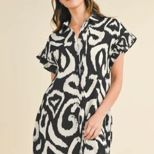 Abstract Printed Frill Sleeve Shirt Mini Dress - Black