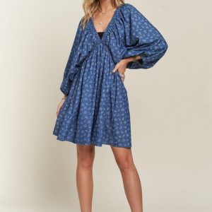 Batwing Sleeves Floral Dress - Denim/White