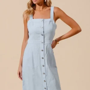 Button Down Pocket Front Pinafore Dress - Lt Denim