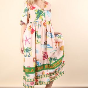 Button Down Printed Midi Dress - Blush Mix