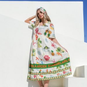 Button Down Printed Midi Dress - Ivory Mix