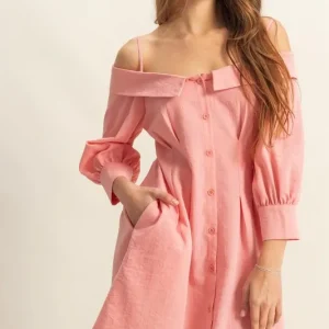 Button Down Spaghetti Strap Mini Dress with Pockets - Coral