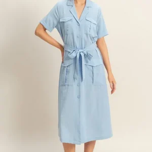 Button Front Belted Safari Midi Dress - Blue
