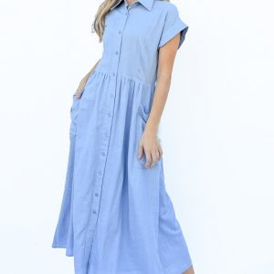 Cap Sleeve Front Pockets Shirt Dress - Blue