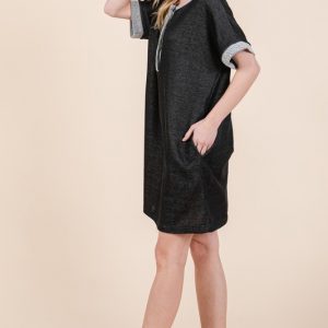 Casual Contrast Trim Henley Dress - Black