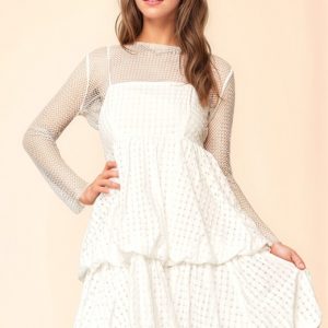 Checker Print Side Pockets Textured Mini Dress - White