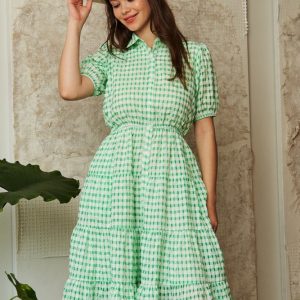 Checkered Puff Sleeve Tiered Shirt Dress - Green