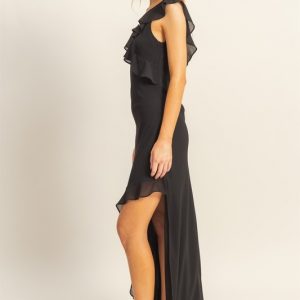 Chiffon Ruffle Trim Midi Dress - Black