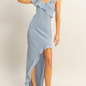 Chiffon Ruffle Trim Midi Dress - Dusty Blue