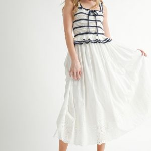 Crochet Stripe Knit Eyelet Mix Midi Dress - Off White