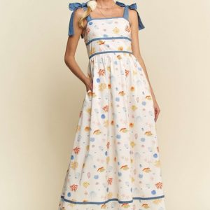 Denim Binding Detail Smocking Summer Maxi Dress - Denim Combo