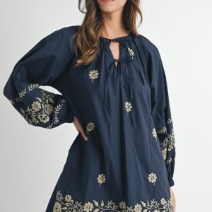 Embroidered Long Sleeve Peasant Mini Dress - Navy