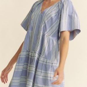 Embroidered Stripe Ruffled Gingham Mini Dress - Navy Blue