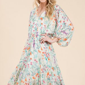 Floral Cinched Waist Balloon Sleeve V-Neck Dress - Ivory Floral