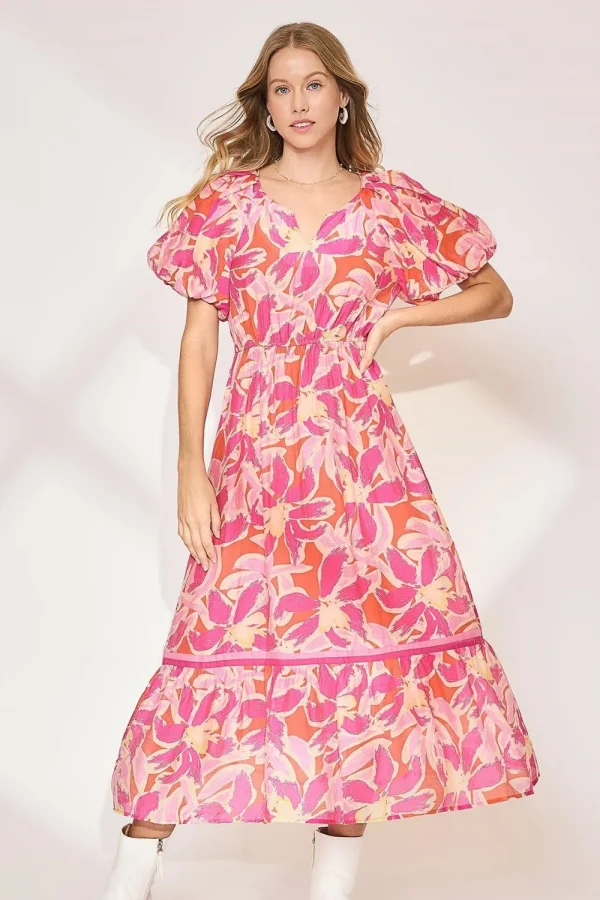 Floral Notched Puff Sleeve Midi Dress - Fuchsia Pink