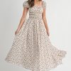 Floral Print Puff Sleeve Gathered Midi Dress - Red
