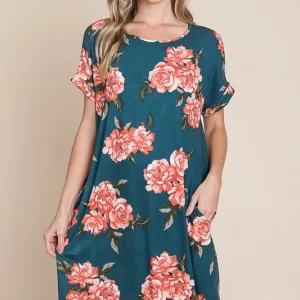 Floral Round Neck Short Tee Dress with Pockets - French Blue