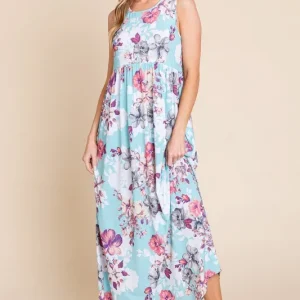 Floral Round Neck Sleeveless Maxi Dress with Pockets -  Pastel  Blue