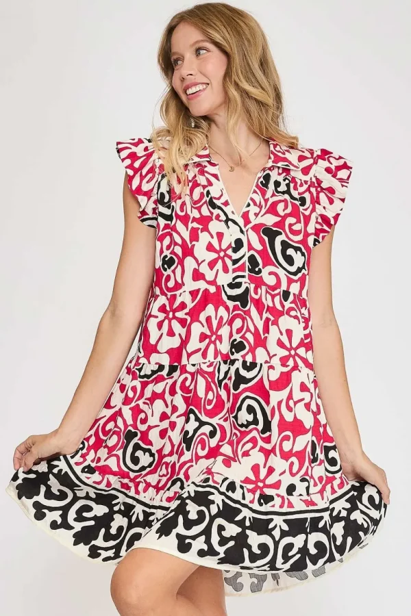Floral Ruffled Cap Sleeve Tiered Dress - Deep Rose