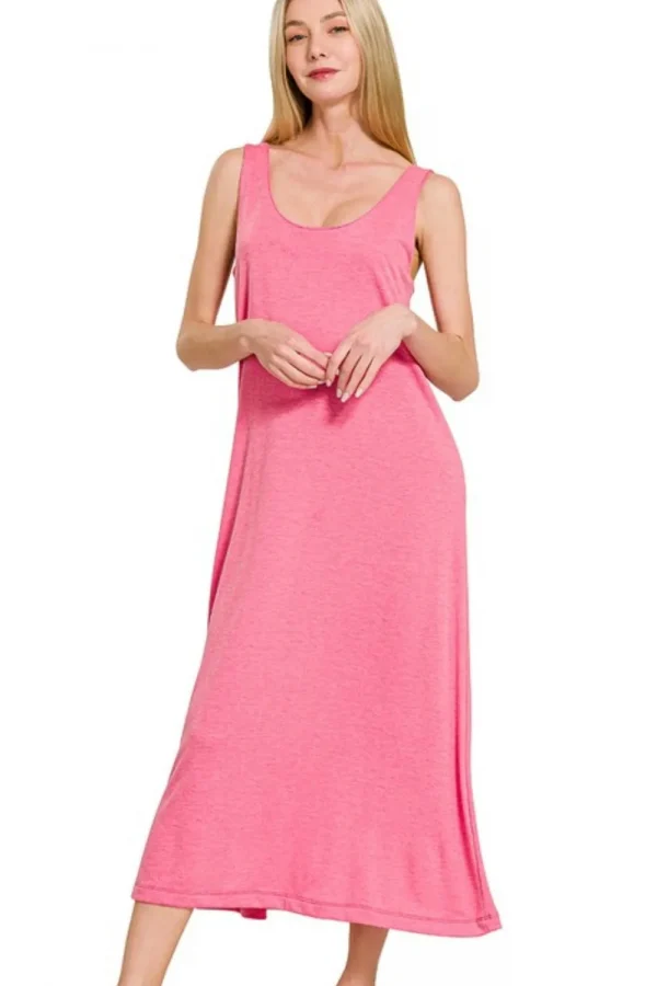 French Terry Twisted Strap Midi Dress - Fuchsia