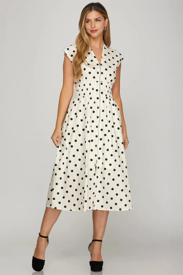 Front Zip Polka Dots Cap Sleeve Midi Dress - Off White
