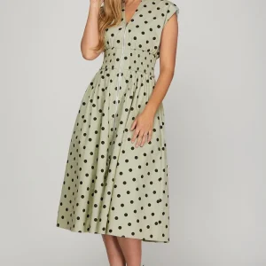 Front Zip Polka Dots Cap Sleeve Midi Dress - Sage