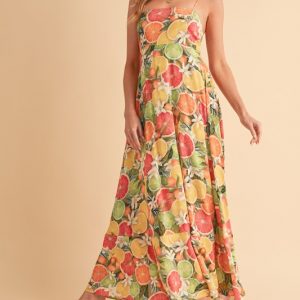 Fruit Print Square Neck Maxi Cami Dress - Blue Citrus