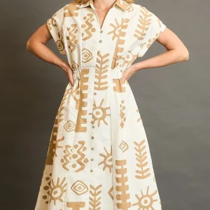 Full Size Abstract Print Elastic Waist Midi Dress Plus Size - Tan