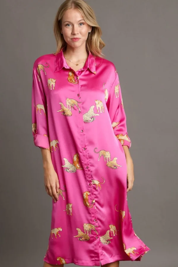 Full Size Animal Print Button Down Midi Shirt Dress Plus Size - Fuchsia Pink