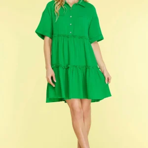 Full Size Button Front Frill Tiered Mini Dress Plus Size - Green