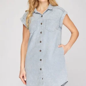 Full Size Folded Cuff Button Down Washed Twill Shirt Dress Plus Size - Blue Grey