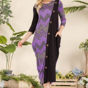 Full Size Geo Print Paneled Dress with Buttons Plus Size - Lilac Geometric