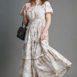 Full Size Landscape Print Short Sleeve Tiered Maxi Dress Plus Size - Camel
