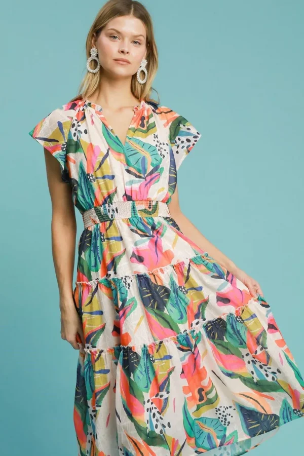Full Size Leaf Print Cap Sleeve Tiered Midi Dress Plus Size - Orange Mix