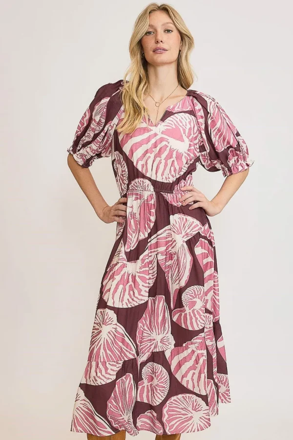 Full Size Printed Notched Puff Sleeve Midi Dress Plus Size - Plum/Mauve