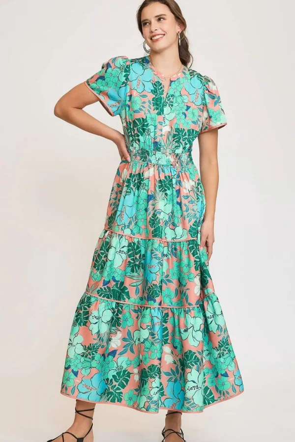 Full Size Printed Notched Short Sleeve Tiered Dress Plus Size - Teal
