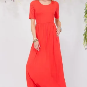 Full Size Round Neck Short Sleeve Maxi Dress with Pockets Plus Size - Red