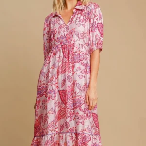 Full Size Ruffled Hem Floral Paisley Print Half Sleeve Midi Dress Plus Size - Pink Mix