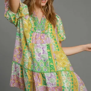 Full Size Smocked Floral Puff Sleeve Mini Dress Plus Size - Green Mix