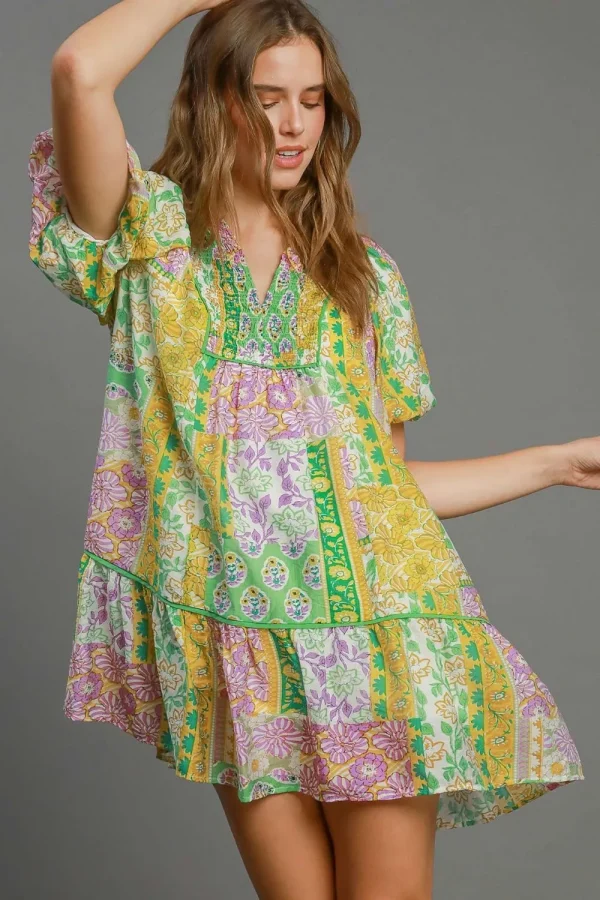 Full Size Smocked Floral Puff Sleeve Mini Dress Plus Size - Green Mix