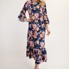 Full Size Soft Floral Ruffle Trim Dress Plus Size - Navy Floral