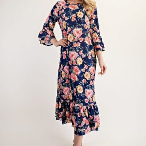 Full Size Soft Floral Ruffle Trim Dress Plus Size - Navy Floral
