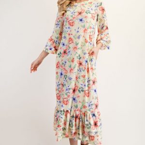 Full Size Soft Floral Ruffle Trim Dress Plus Size - Yellow Floral