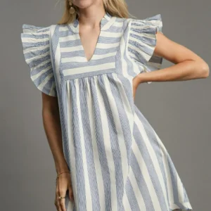 Full Size Striped Notched Ruffled Cap Sleeve Mini Dress Plus Size - Light Blue