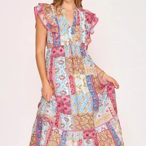 Full Size Tie Neck Double Layered Ruffle Sleeve Midi Dress Plus Size - Pink Mix
