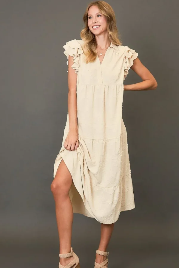 Full Size Tiered Floral Burnout Ruffle Sleeve Midi Dress Plus Size - Cream