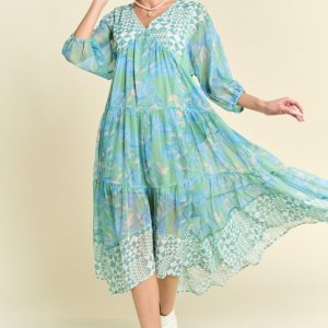 Geo and Floral Print Mixed Tiered Dress - Mint Green