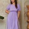 Mesh Puff Short Sleeve Midi Dress - Lavender