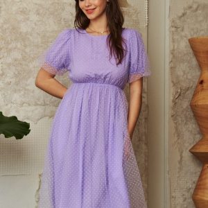 Mesh Puff Short Sleeve Midi Dress - Lavender