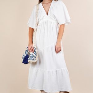 Mineral Washed Elastic Neck Detail Midi Dress - White